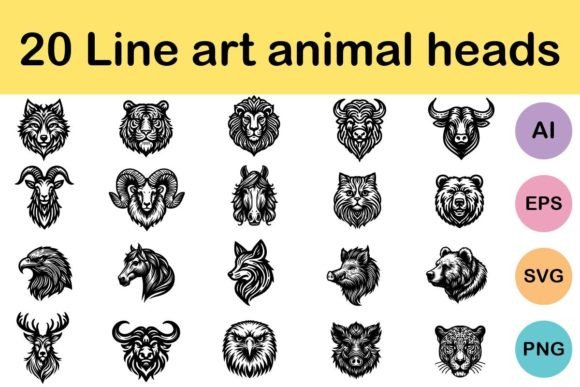 Download 20 Line Art Animal Heads - Line art animal Collection